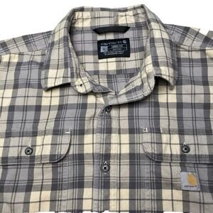Carhartt Work Shirt L Mens Brushed Cotton Loose Fit Taupe Plaid Utility TW4451-M